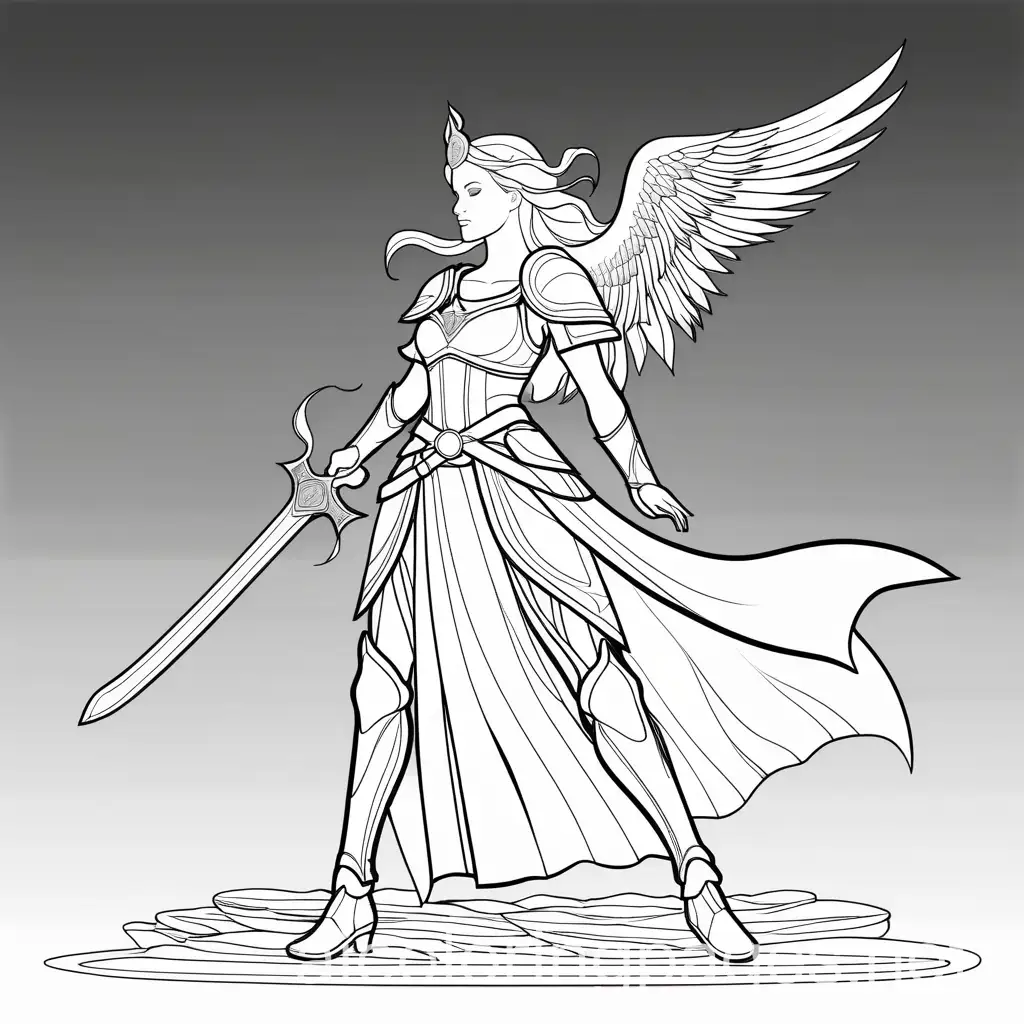 A warrior princess with a flaming sword and the power of the holy spirit, Coloring Page, black and white, line art, white background, Simplicity, Ample White Space. The background of the coloring page is plain white to make it easy for young children to color within the lines. The outlines of all the subjects are easy to distinguish, making it simple for kids to color without too much difficulty