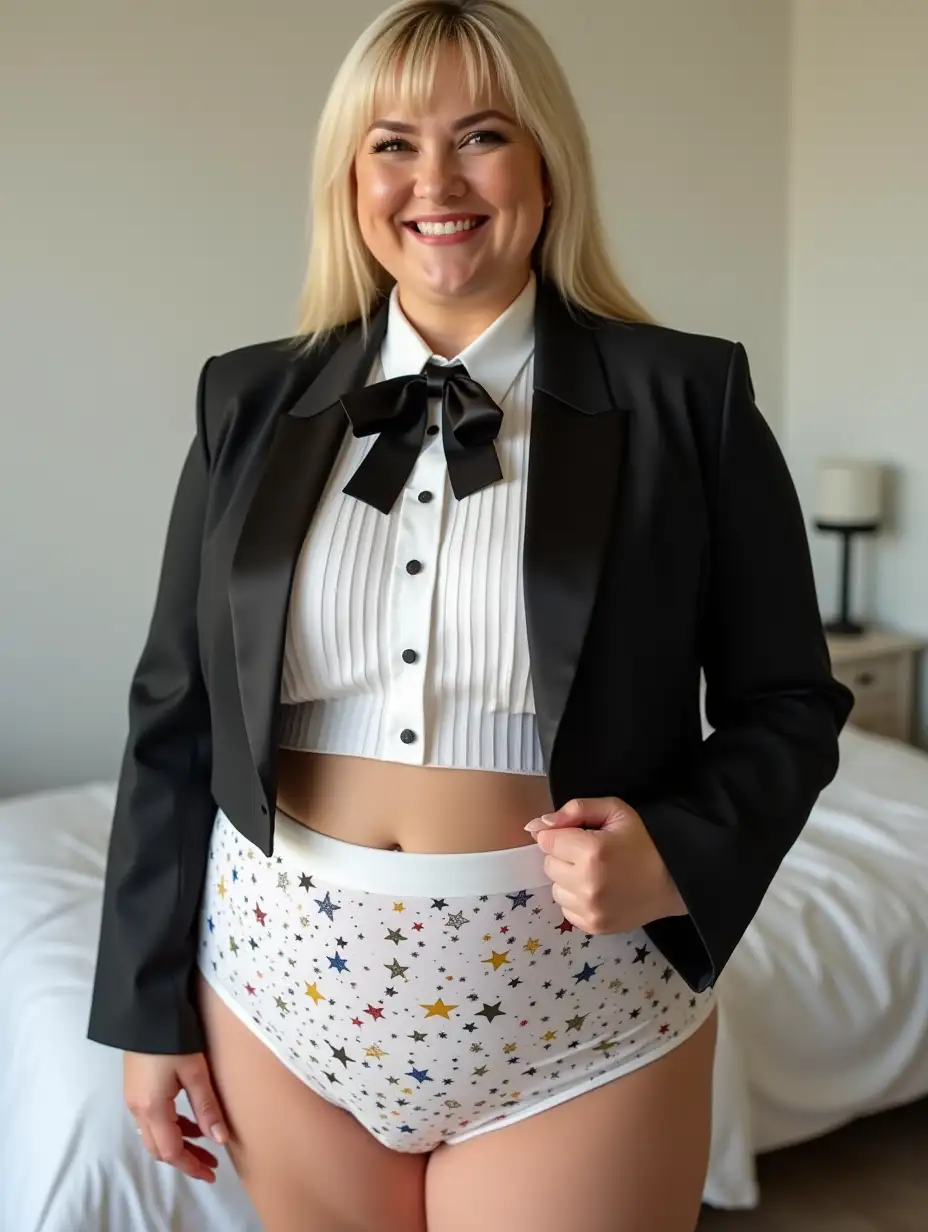 Smiling-MiddleAged-Woman-in-Formal-Orchestra-Tuxedo-in-White-Bedroom