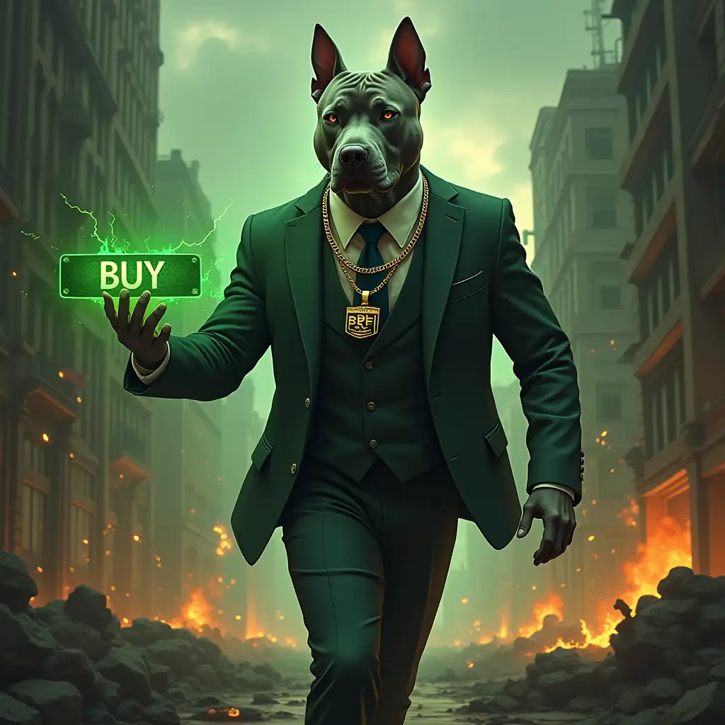 grey pitbull in suit, clicks on the 'BUY' button, ears up, manly muzzle, gold chains with ''BOF'' pendant, Background: A chaotic scene of a crumbling, burning cityscape representing the 'old world' (banks, corporations, etc.), with the pitbull walking away confidently, leaving destruction in its path. slick, dynamic chart glowing green flames, arrows and milestones as explosions or lightning strikes, full face