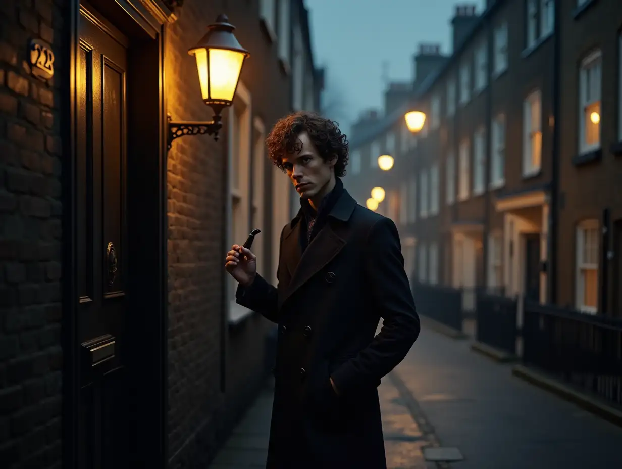 Sherlock from the series is standing in front of the door with 221 B in his hands holding a pipe from which smoke comes out you can see houses of London on the street it gets dark in windows lights are on old lamps are on in the street the street is paved with cobblestones