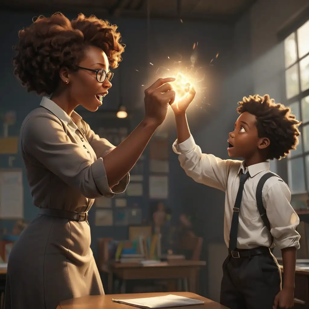 Surreal Magical Light Black School Teacher and Student Fist Bump Connection