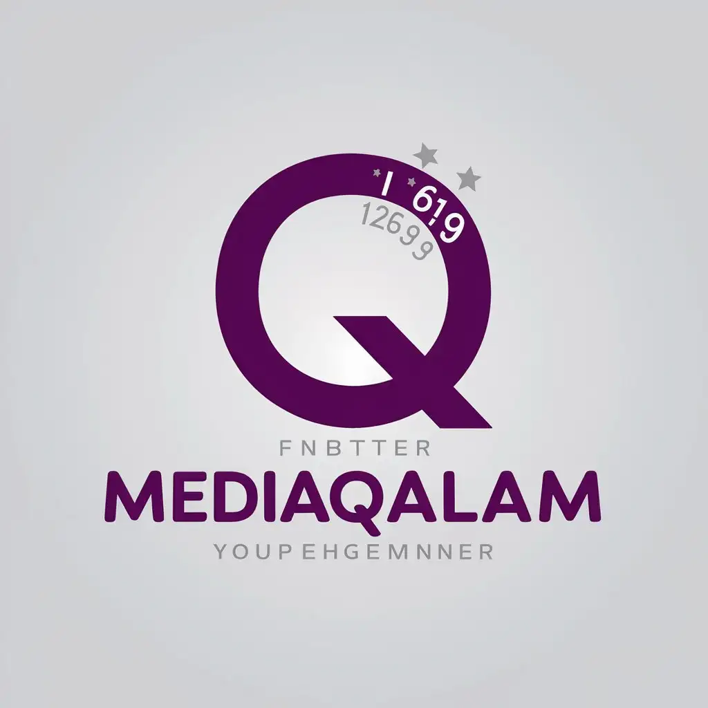 a vector logo design,with the text "MediaQalam", main symbol:purple mag color, letters in beautiful font, numbers 12699 somewhere hidden,Moderate,clear background