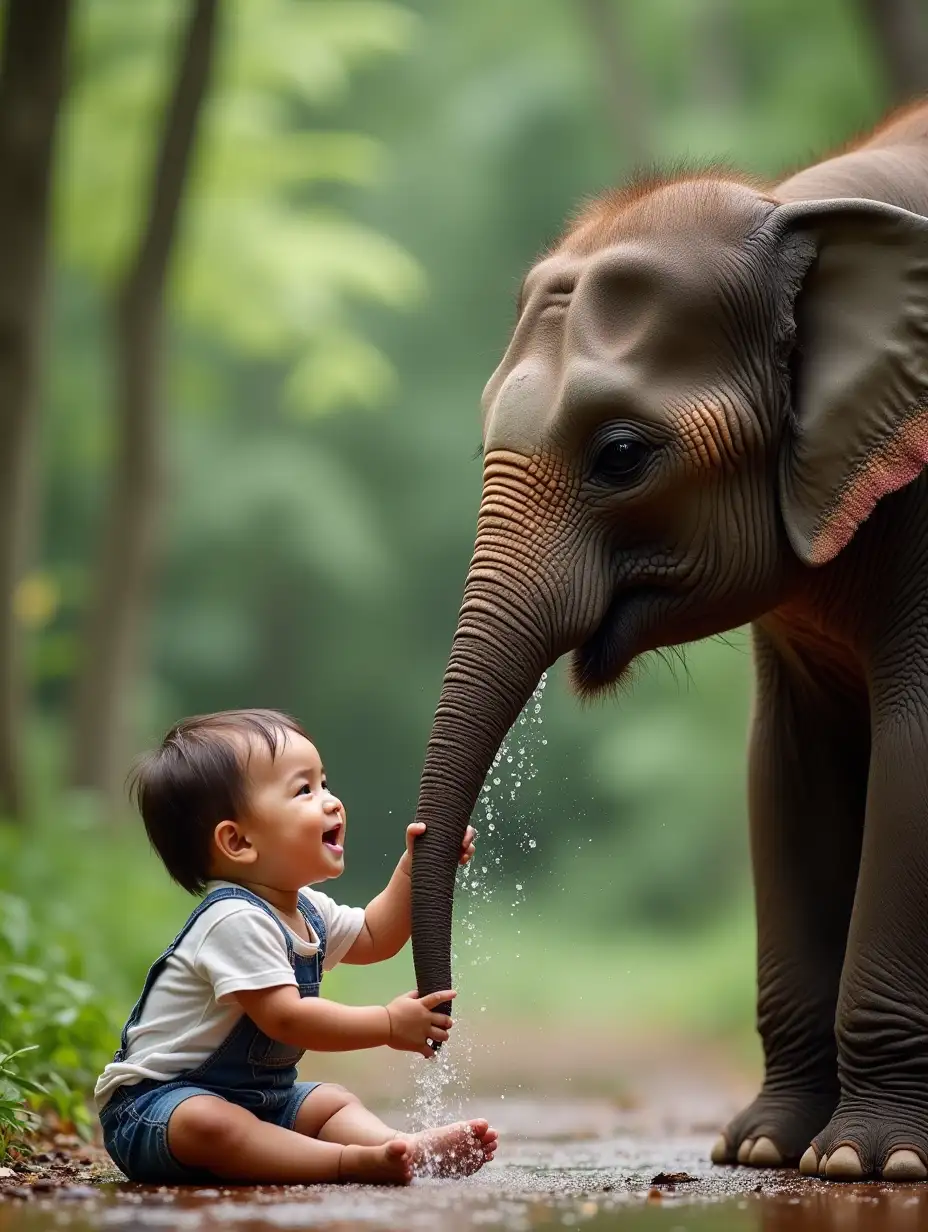 A playful young elephant gently spraying water from its trunk over a smiling 1-year-old boy sitting on the ground in a lush green jungle.