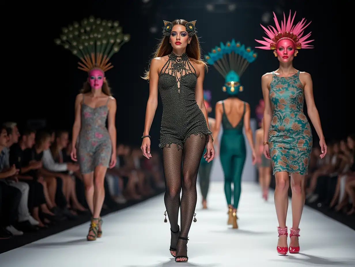 Ki-Fantasy, a mix of man-, cat- and peacock head design with beautiful shoes at a fashion show