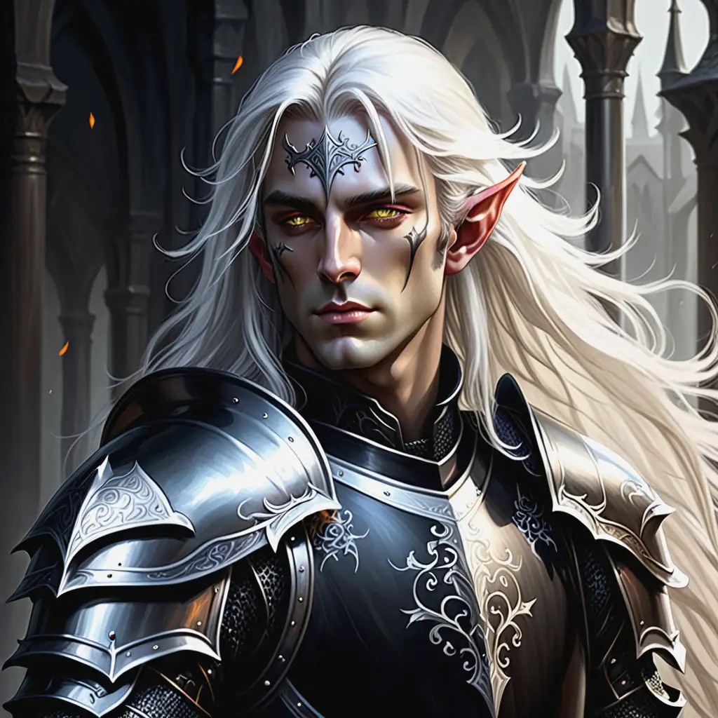 High Elf Male Knight in Black Armor with Long White Hair