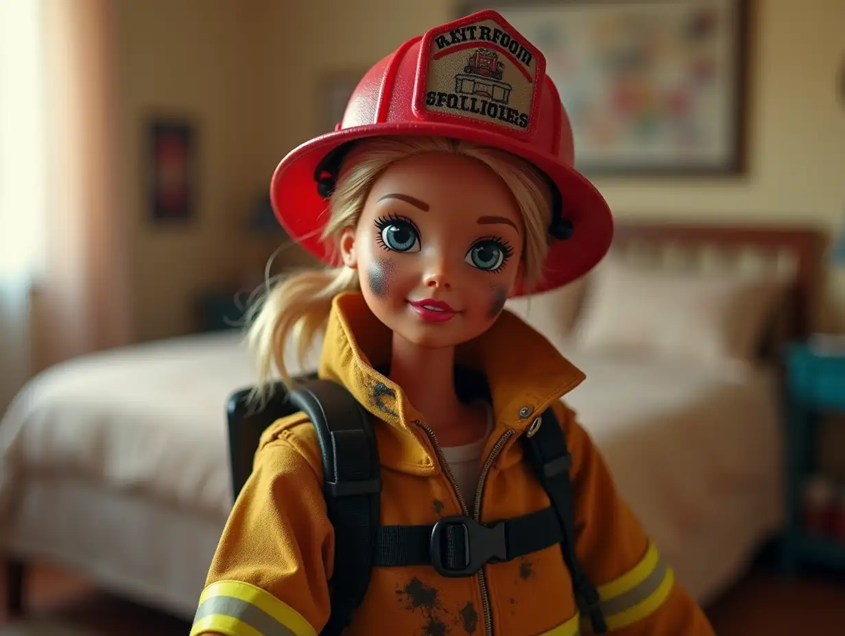 a Barbie doll dressed as a firefighter, with soot on her skin in a heroic position. Hyper-realistic image, with the doll in the foreground and a blurred background of a bedroom