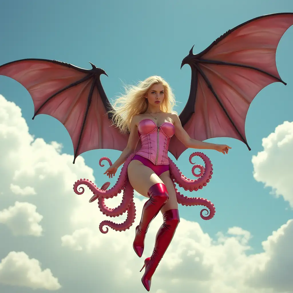 blonde woman with gigantic, long, bat wings flying in the sky between the clouds. She has many octopus tentacles growing from her waist. The blonde is wearing a pink shiny corset and red shiny thigh-high stiletto boots. She is flapping her wings vigorously. The background reveals fluffy white clouds in a clear sky.