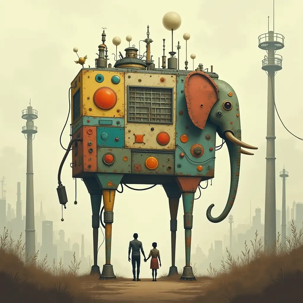 Whimsical-ElephantSized-Robot-in-Dystopian-Industrial-Landscape