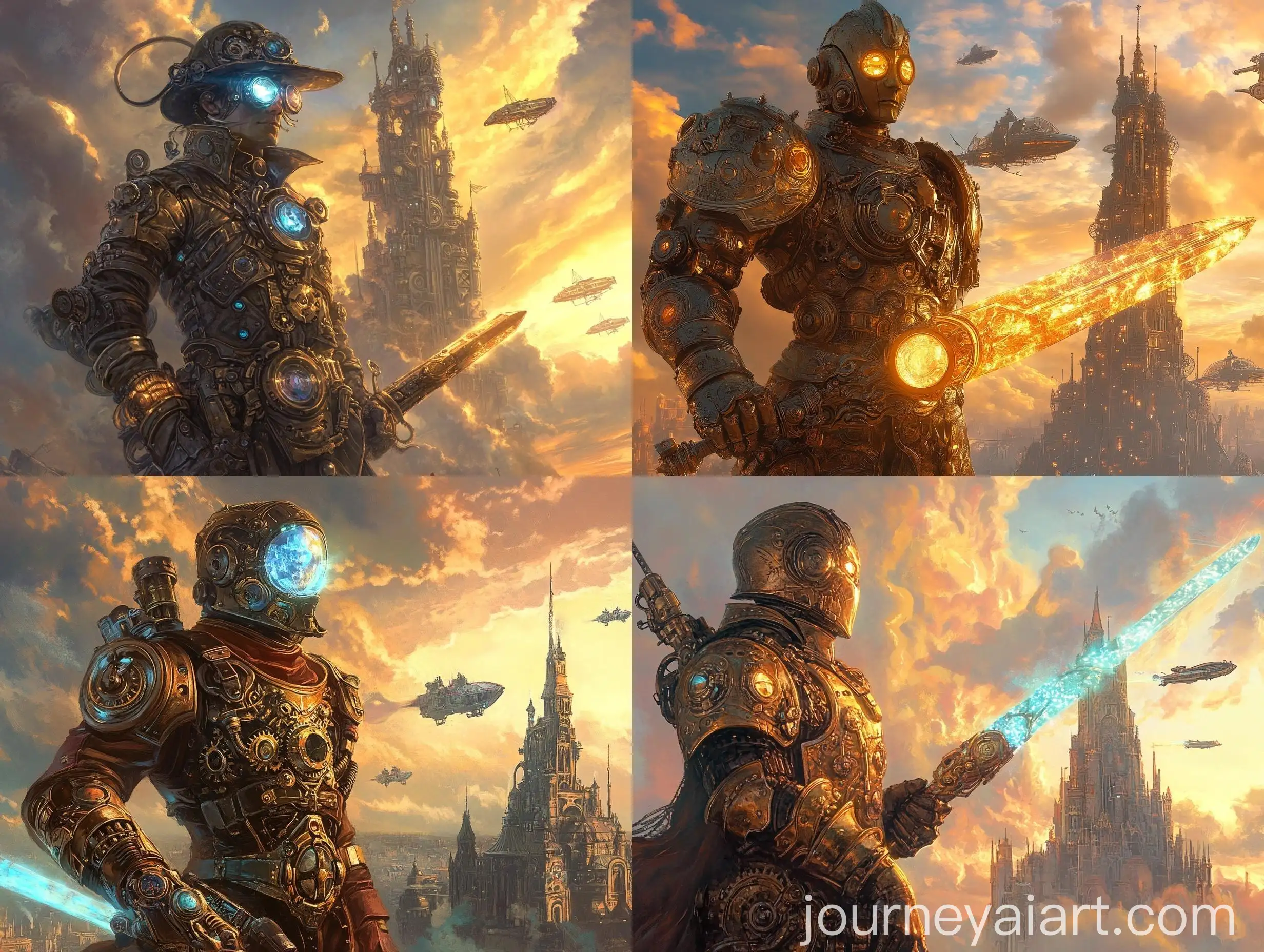 Steampunk-Warrior-with-Crystal-Sword-in-Front-of-Clockwork-Castle