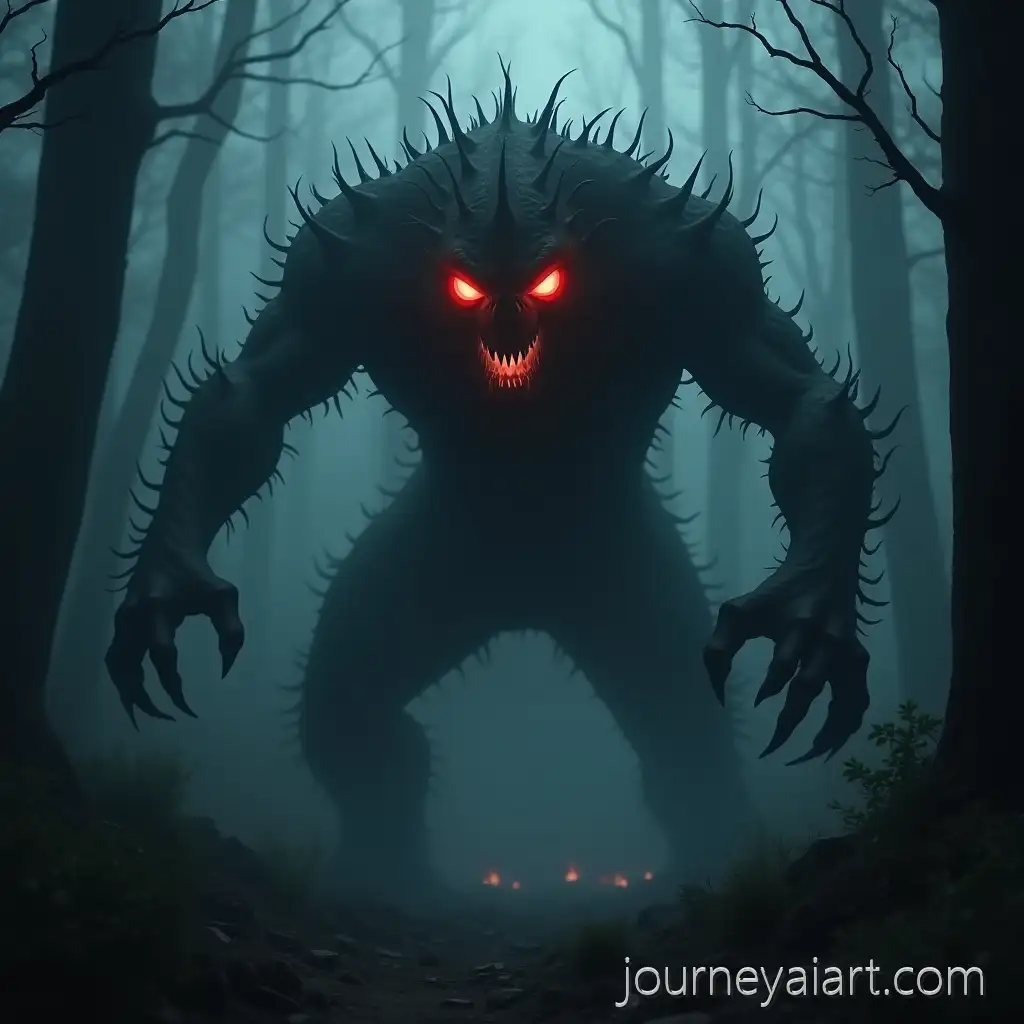 Terrifying-Shadowy-Monster-with-Glowing-Red-Eyes-in-FoggyAI-Image-Expansion-Abandoned-Forest-at-Night