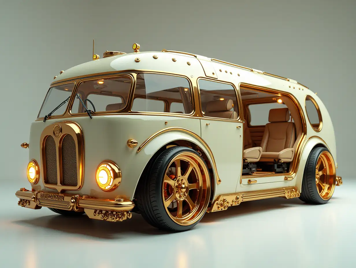 Supermodern utopian Sport Omnibus with gears, lowered chassis, 18-inch rims, aluminum wheels, Creamy Gold, Cyberpunk.