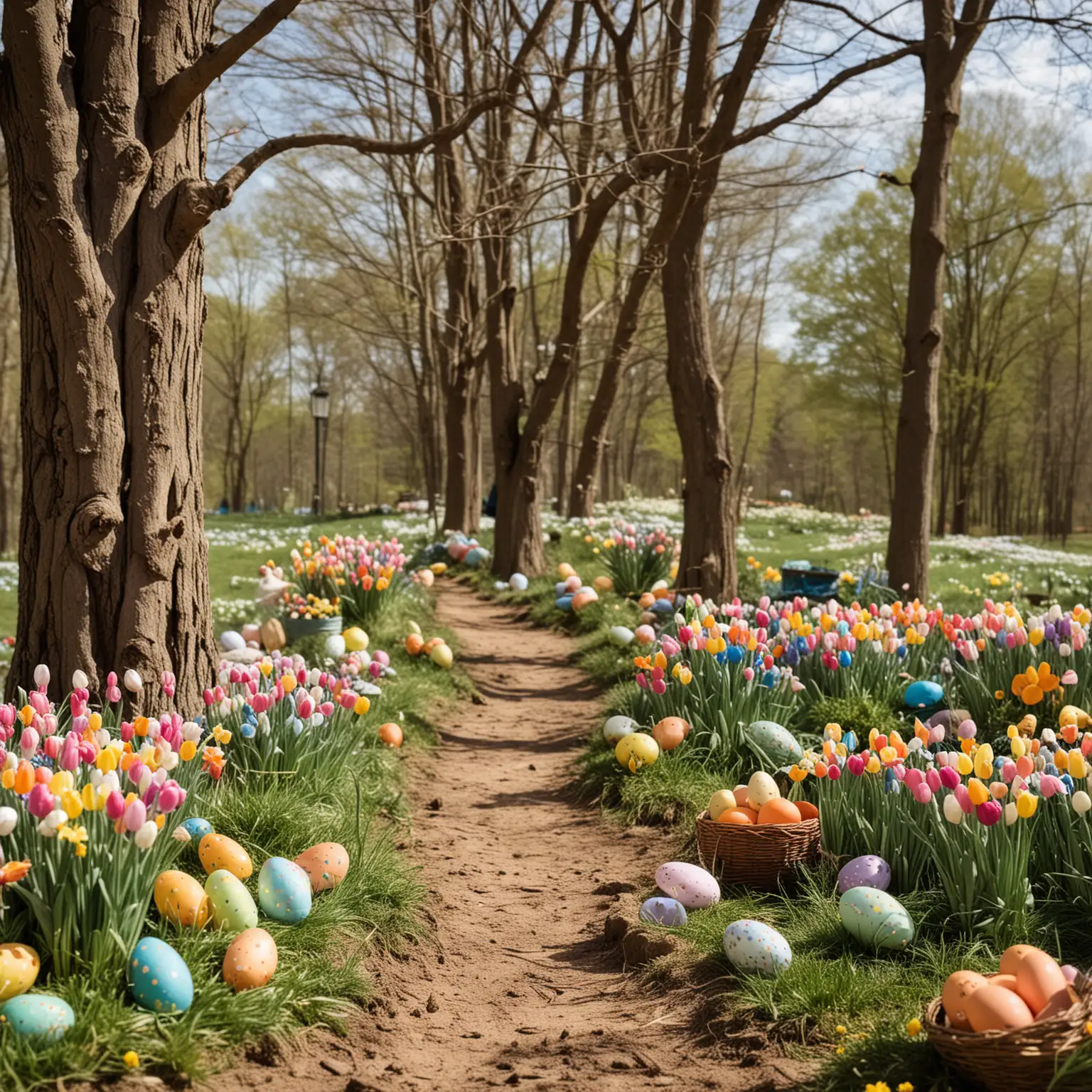 Vibrant Outdoor Easter Celebration with Colorful Eggs and Families