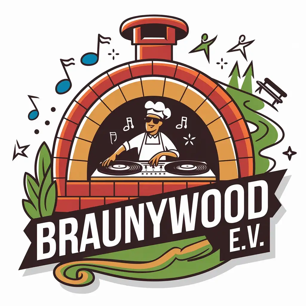 LOGO Design for Braunywood eV WoodFired Oven with DJ Dancing People and Hiking Trail Theme