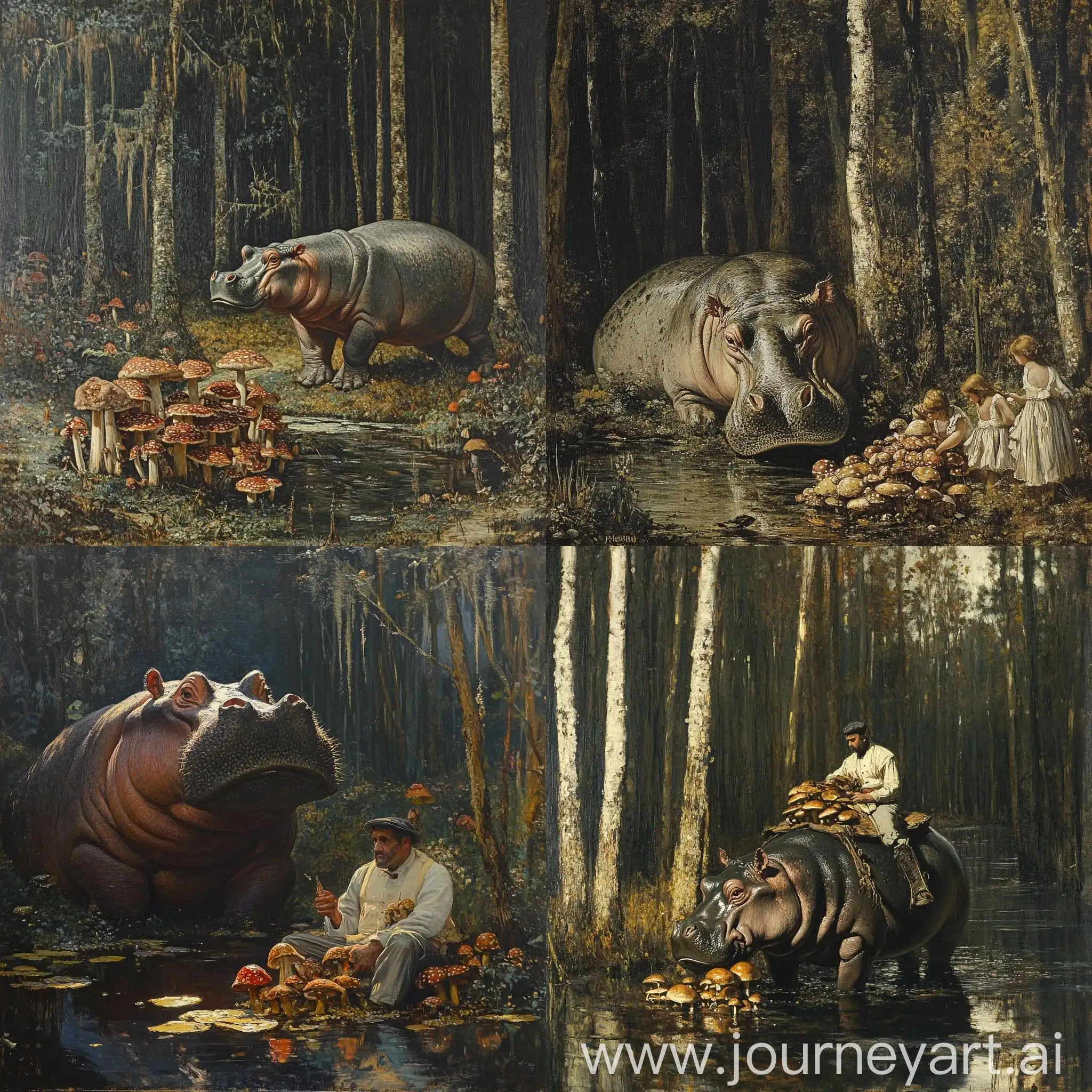 Alexander-Pushkin-Riding-a-Hippo-While-Mushroom-Foraging-in-a-Forest