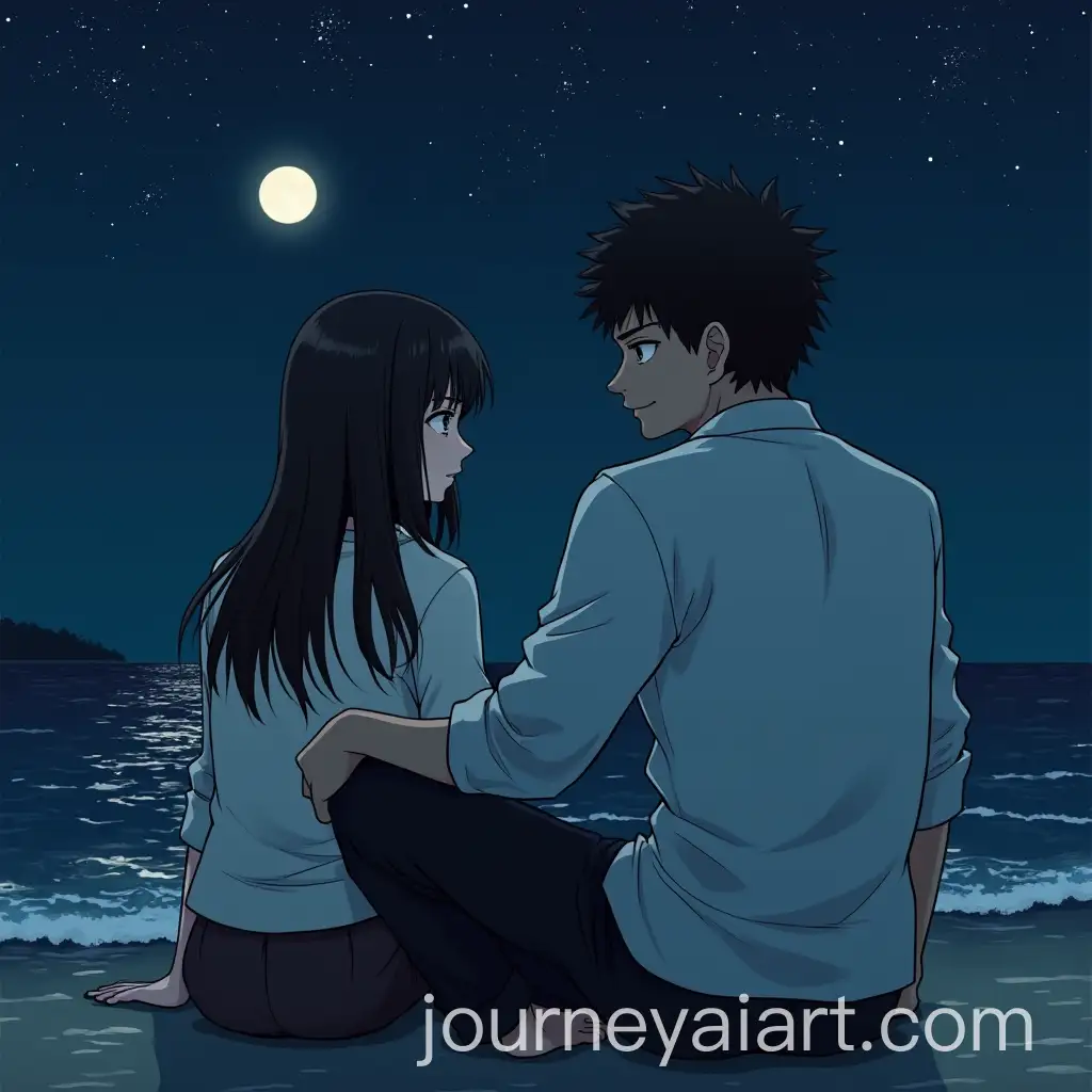 Satoru-Gojo-and-Woman-by-the-Sea-at-Night-with-Moon-and-Stars