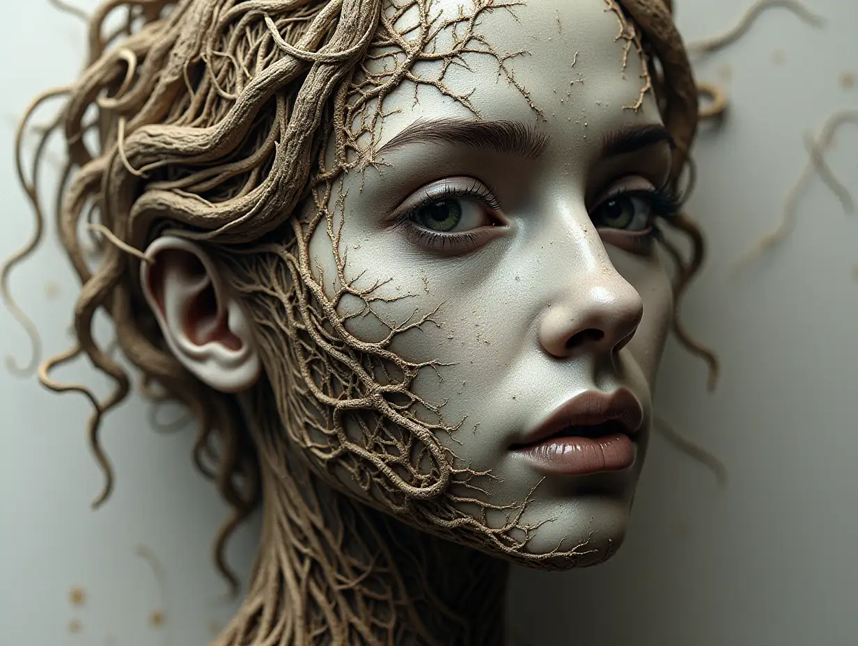 Face transformed into a building with veins and roots
