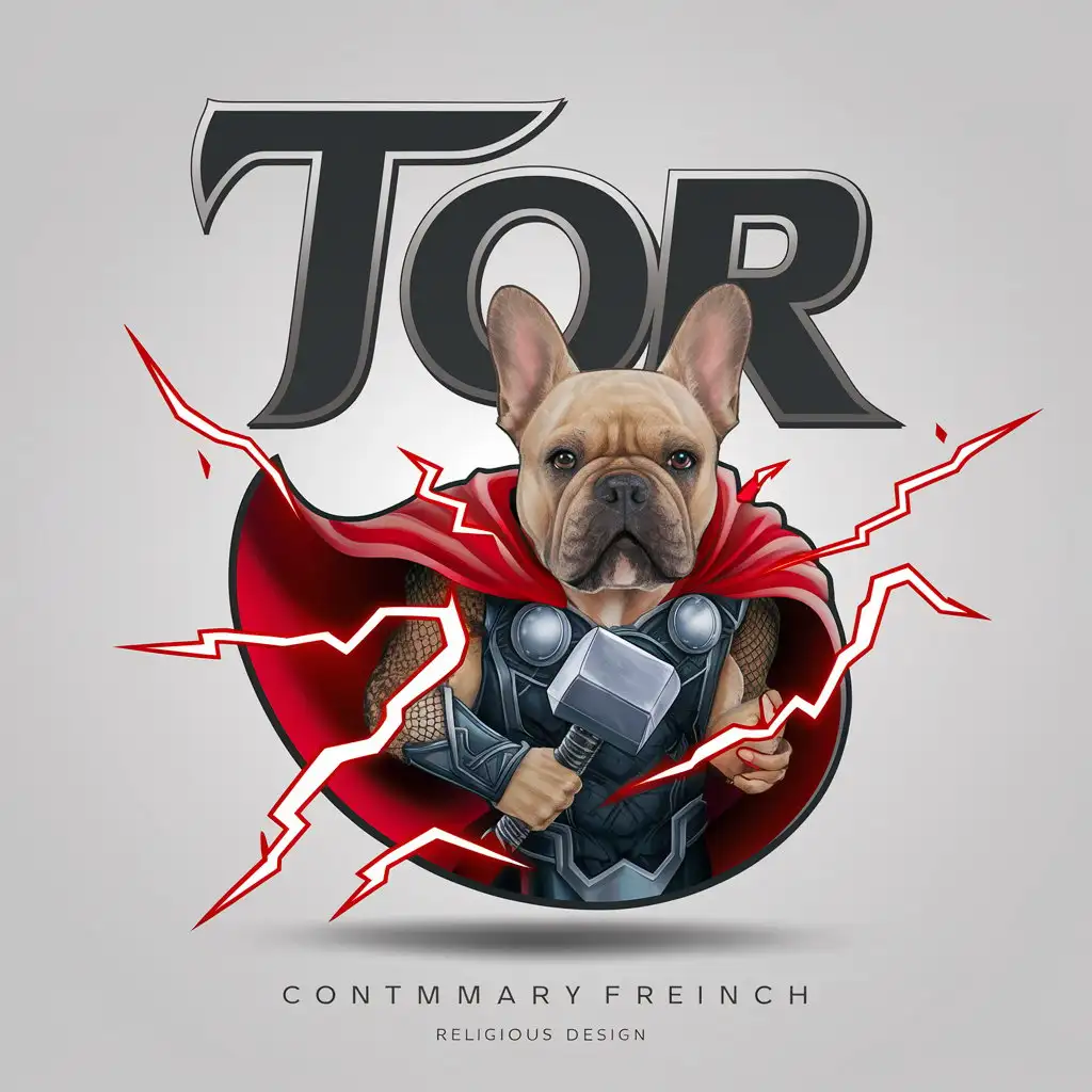 a logo design,with the text "TOR", main symbol:A French Bulldog, beige colored, depicted as the god of thunder and lightning Thor, in armor and holding a hammer mjolnir, with a red cape flashing bolts of lightning in the background.,Moderate,be used in Religious industry,clear background