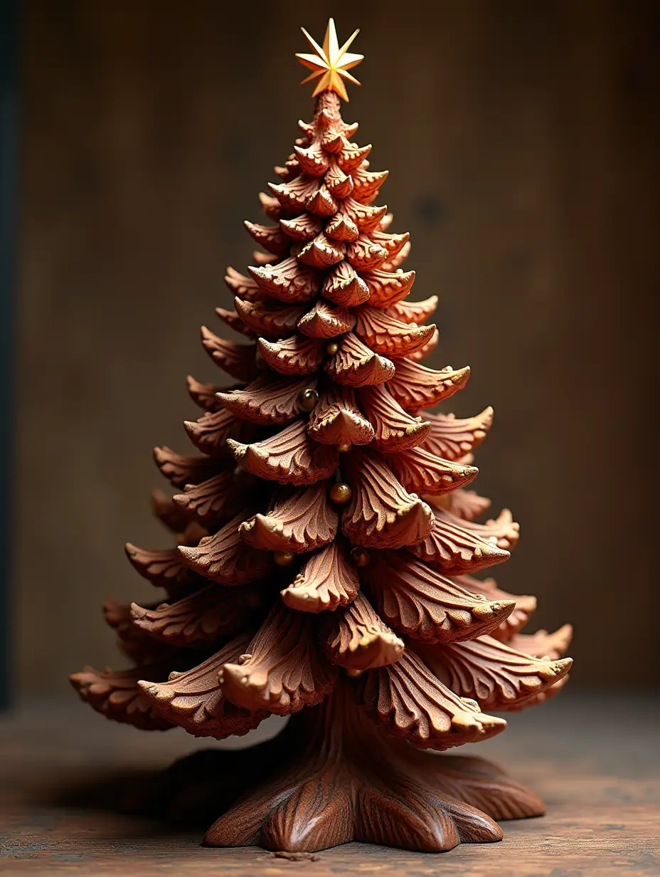 Create a highly detailed 3D wood carving of a traditional Christmas tree, meticulously carved from rose wood to achieve a luxurious glossy finish. The tree should be adorned with vibrant colored polish detailing, capturing the festive spirit. Illuminate the scene with professional studio lighting that enhances the tree's intricate carvings and polish colors. uhd, 128k, fit