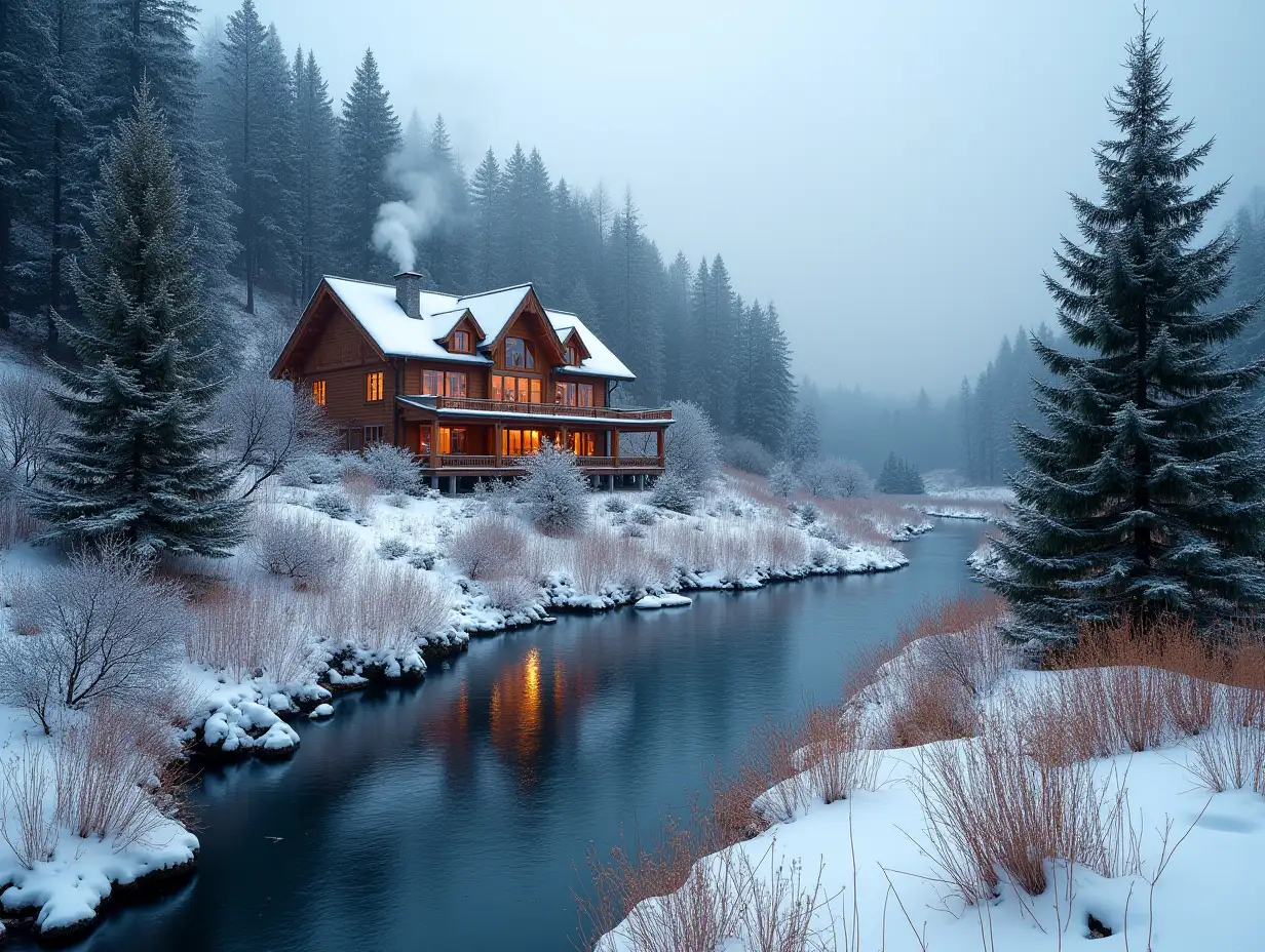 Luxury-Wooden-Chalet-in-Snowy-Autumn-Forest-with-Winding-River-and-Fir-Trees