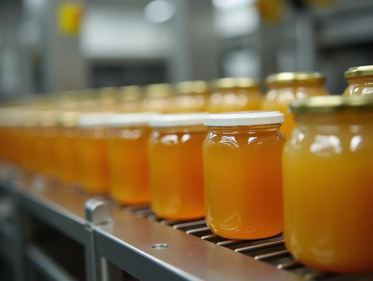 Creamed honey jars on a production line at a honey factory