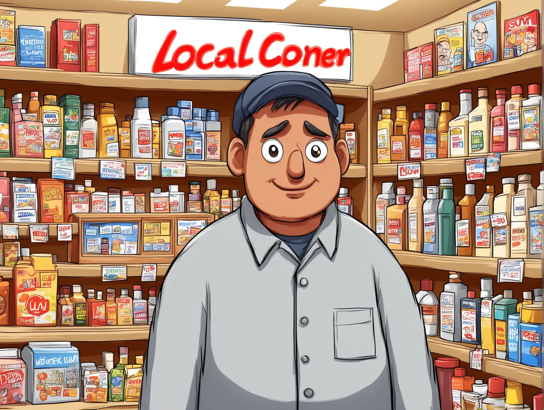 Cartoon Local Corner Store Man Buying Groceries