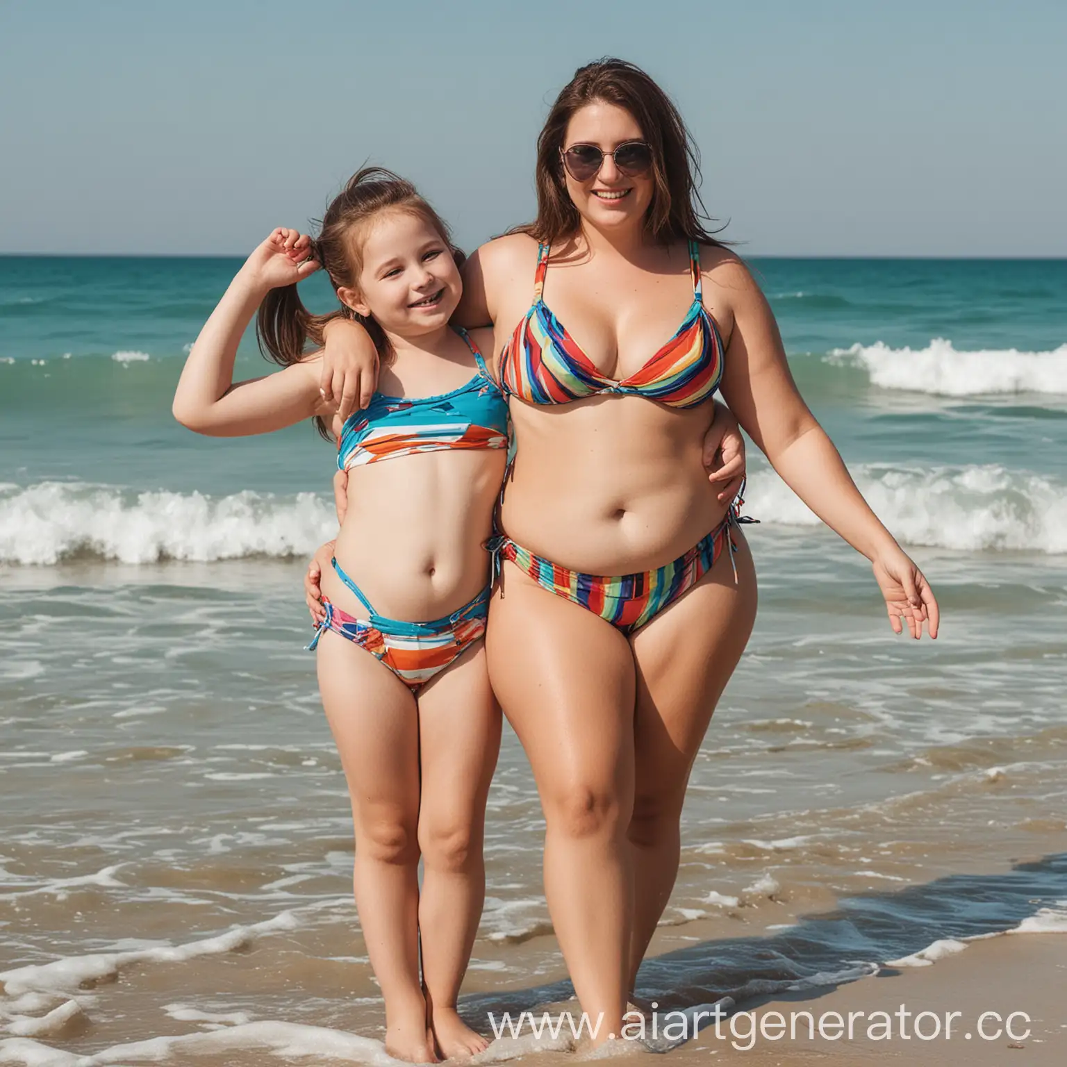 Chubby-Mom-and-Daughter-Enjoying-a-Day-at-the-Beach-in-Bikinis