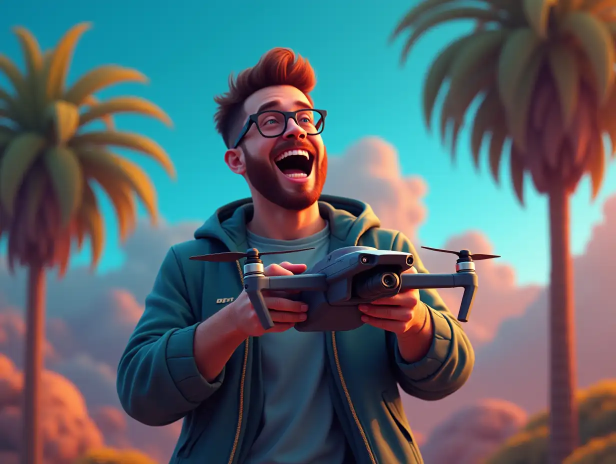 Excited-Man-Flying-a-DJI-Drone-in-a-Colorful-Video-GameInspired-World