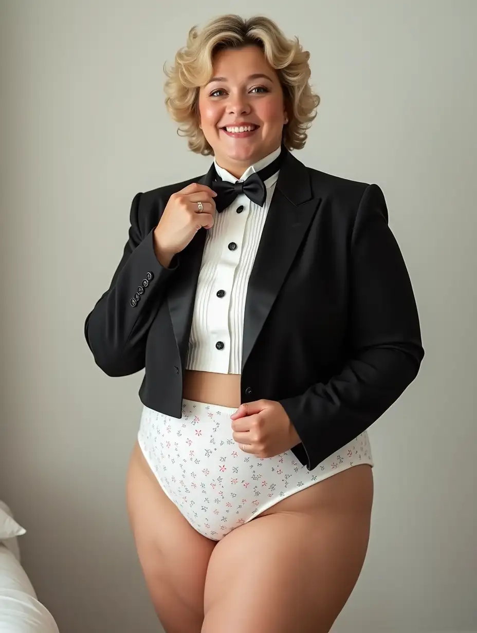 photo realistic, sweet smiling middle-aged larger plump full-figured body type with large wide hips Caucasian female woman, with short blonde curly 1980s hair with curly bangs, wearing a very formal orchestra concert tuxedo with black long sleeve high cut cropped above waist Eton jacket, white cropped above waist tuxedo shirt, with high standing wingtip collar, and many thick vertical pleats front, black diamond point bow tie with black adjustable neckband, white with many matching multicolored super tiny micro stars all over floral pattern print, very tight mid-rise high cut cotton brief with bright white waistband, bare legs, high heels, looking at viewer while tugging on bow tie, in a white bedroom, full body front view.