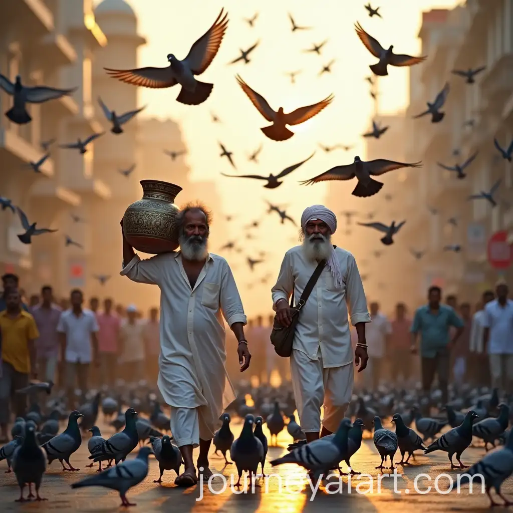 Bustling-Urban-Street-Scene-with-Pigeons-and-Indian-Men-Carrying-Traditional-Items