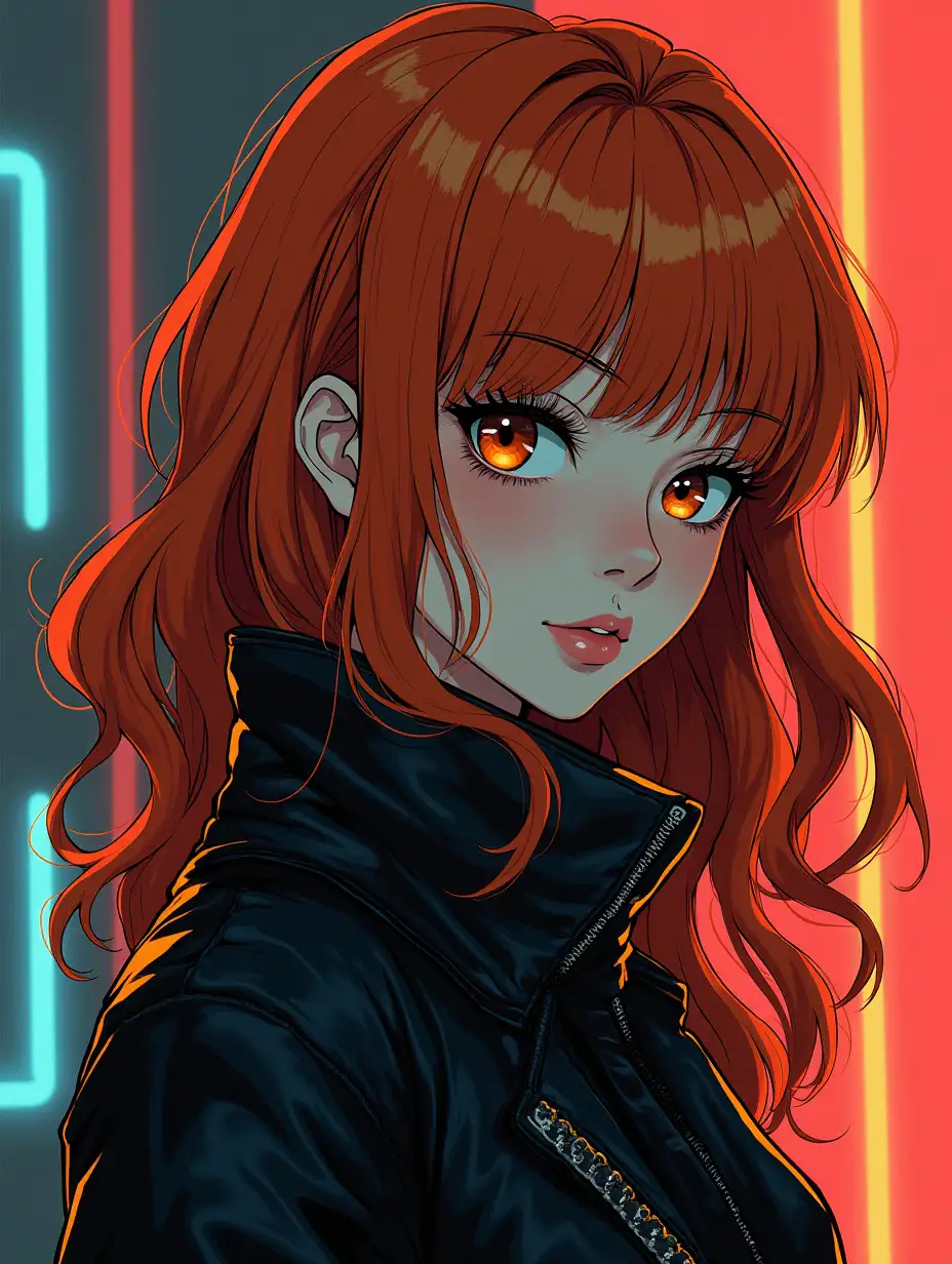 gorgeous cyberpunk woman in retro anime style, ginger hair with black strands, ink 2d art, perfect wide open brown eyes, pale skin, (from sideways angle shot:1.3), leather suit under jacket, illustration, cinematic dark neon tones, masterpiece, anime, detailed, best quality, by makoto shinkai , non-realistic