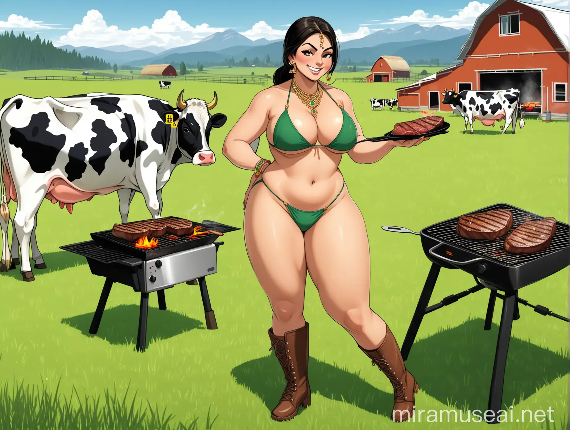 Rear View of Indian Woman Cooking Steak on Griller Amidst Grazing Cows