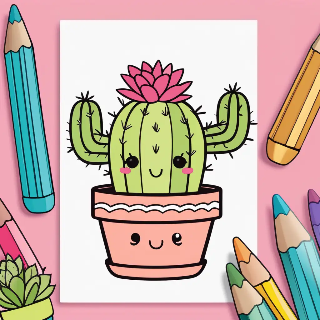 Adorable Coloring Book Cactus in Decorative Pot with Cute Face