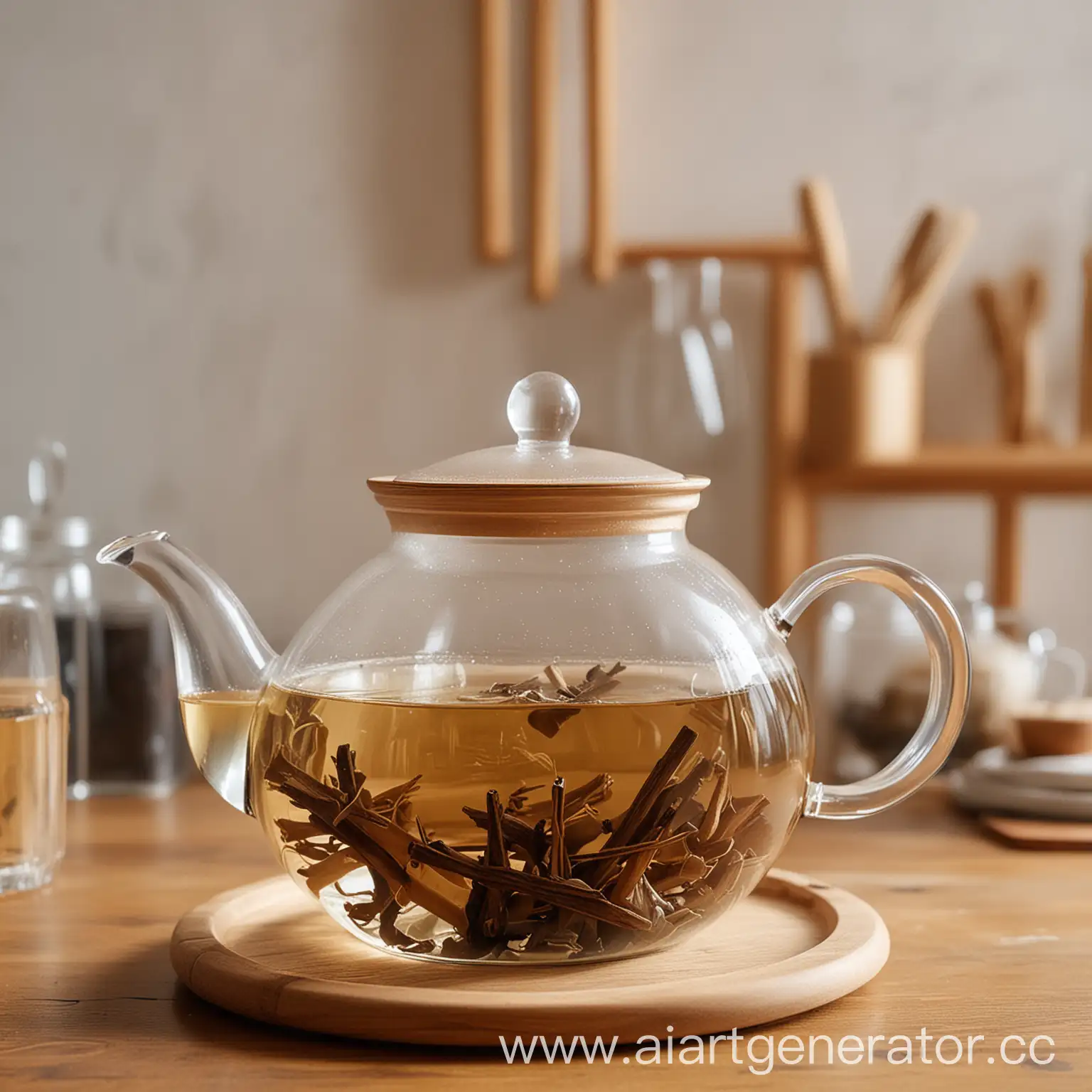 Kitchen-Scene-Teapot-with-Transparent-Tea-and-Wooden-Elements