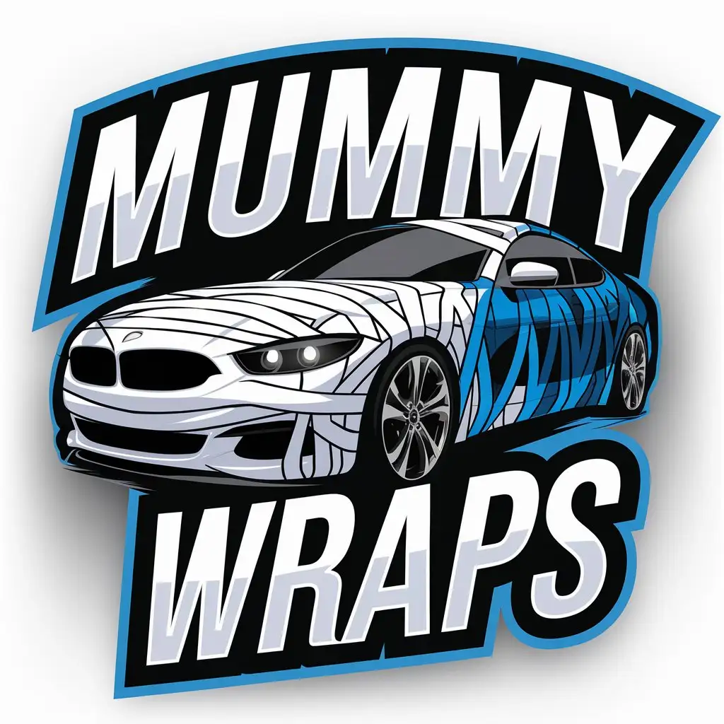 LOGO Design for Mummy Wraps Car Wrapped Like a Mummy with Vibrant Blue Background and White Text