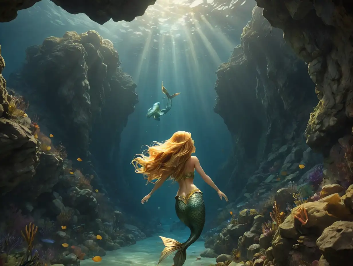 Eerie-Underwater-Scene-with-GoldenHaired-Mermaid-Swimming-Through-Mountain-Pass