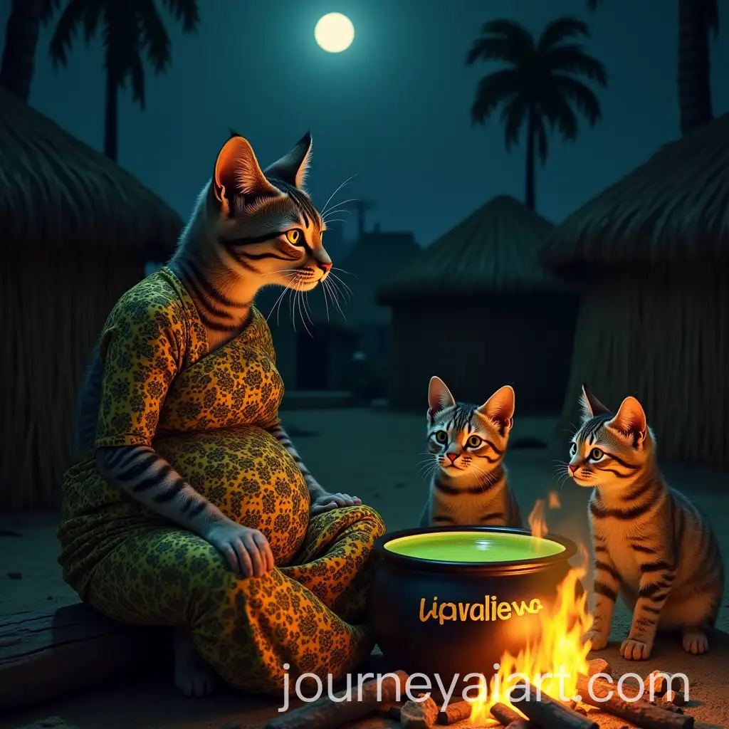Female-Cat-in-Traditional-Nigerian-Village-Setting-Preparing-Soup-Under-Moonlight