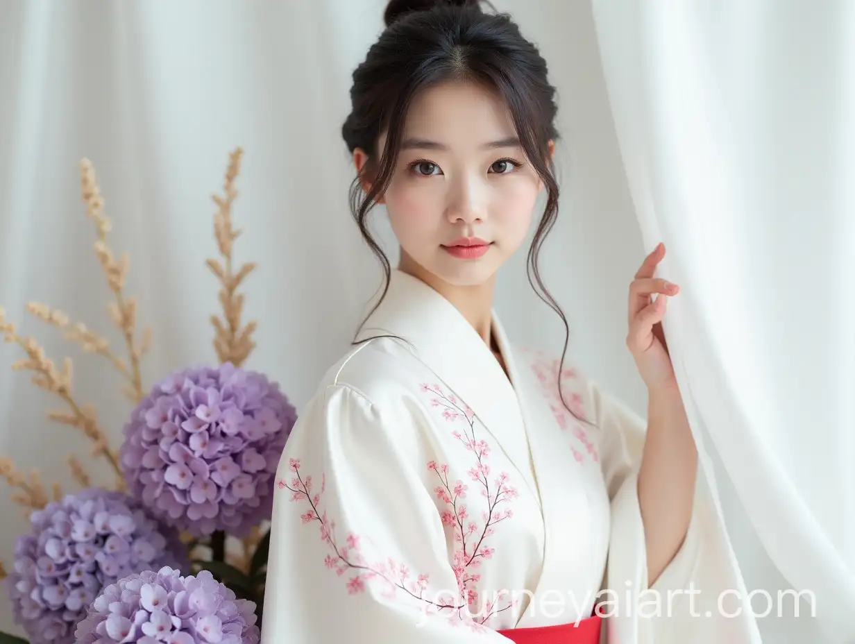 Young-Japanese-Woman-in-White-Silk-Kimono-Surrounded-by-Lavender-and-Hydrangeas