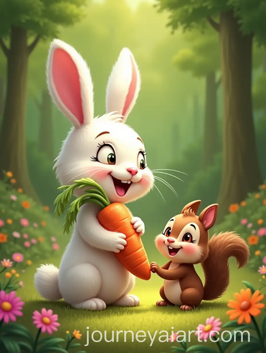 Playful-Rabbit-and-Squirrel-Sharing-Carrot-in-a-Colorful-Forest