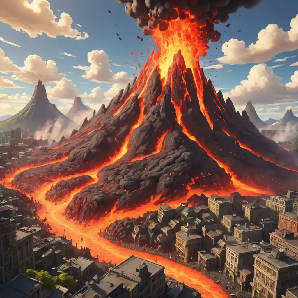 Cartoon-Lava-Erupts-Over-High-City-on-Bright-Sunny-Day