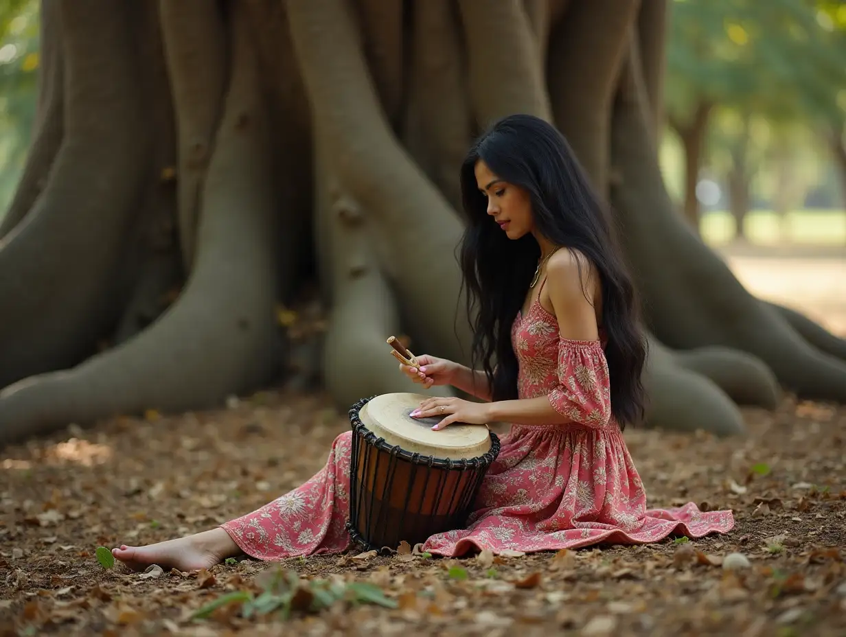 A young beautiful women long black hair,caucacian,white skin, wearing stunning dress sitting on ground and playing pan drum under giant tree at the morning time.