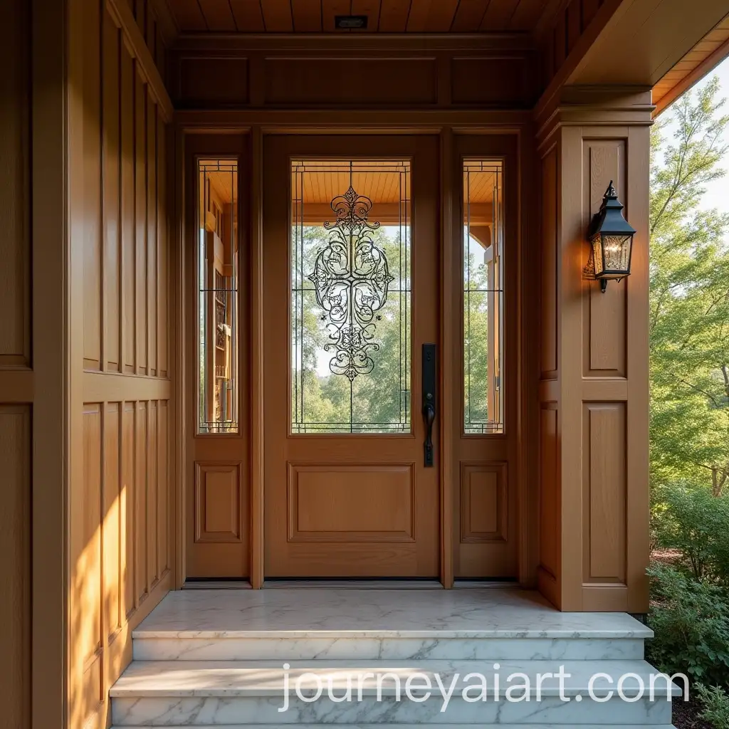 Elegant-Wooden-Side-Entrance-with-Carved-Glass-Window-and-Marble-Step