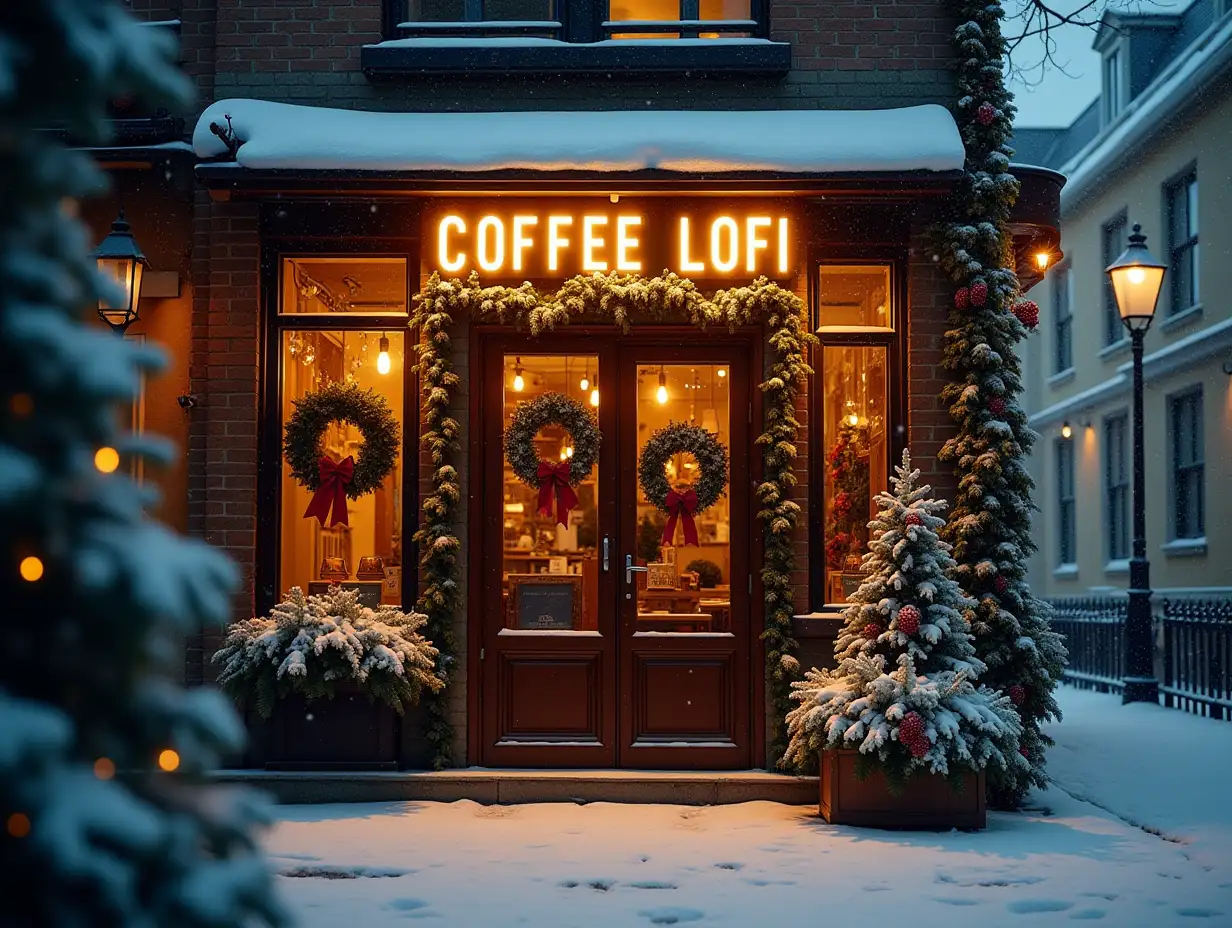 Cozy-Winter-Coffee-Shop-with-Festive-Decor-and-Snowfall