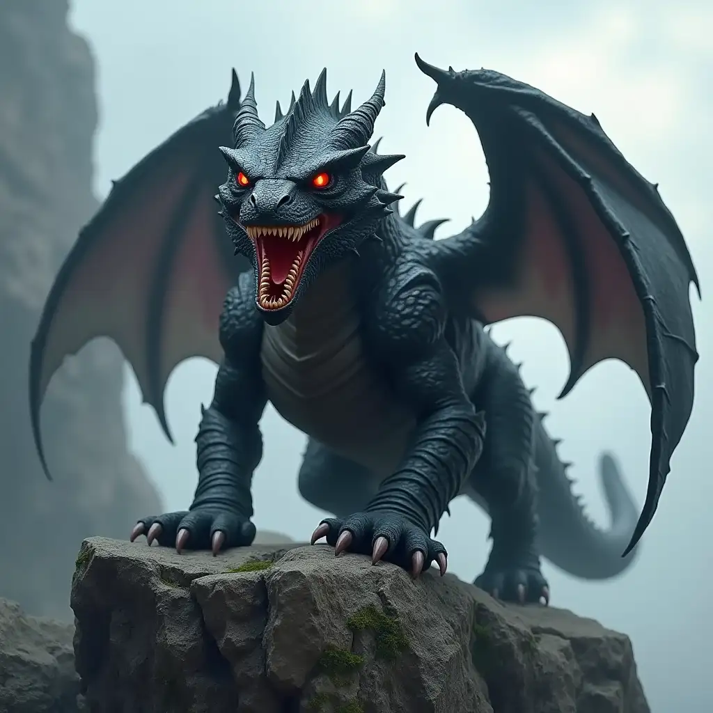 Fierce-Black-Dragon-with-Glowing-Red-Eyes-on-Rocky-Cliff