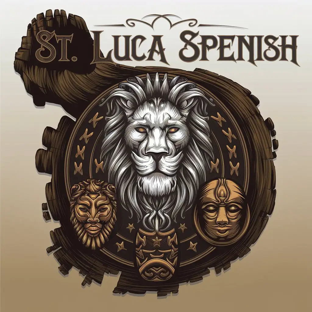 LOGO Design for St Luca Spanish Engraved Wood Writing with Dark Spiritual Lion and African Mask Theme