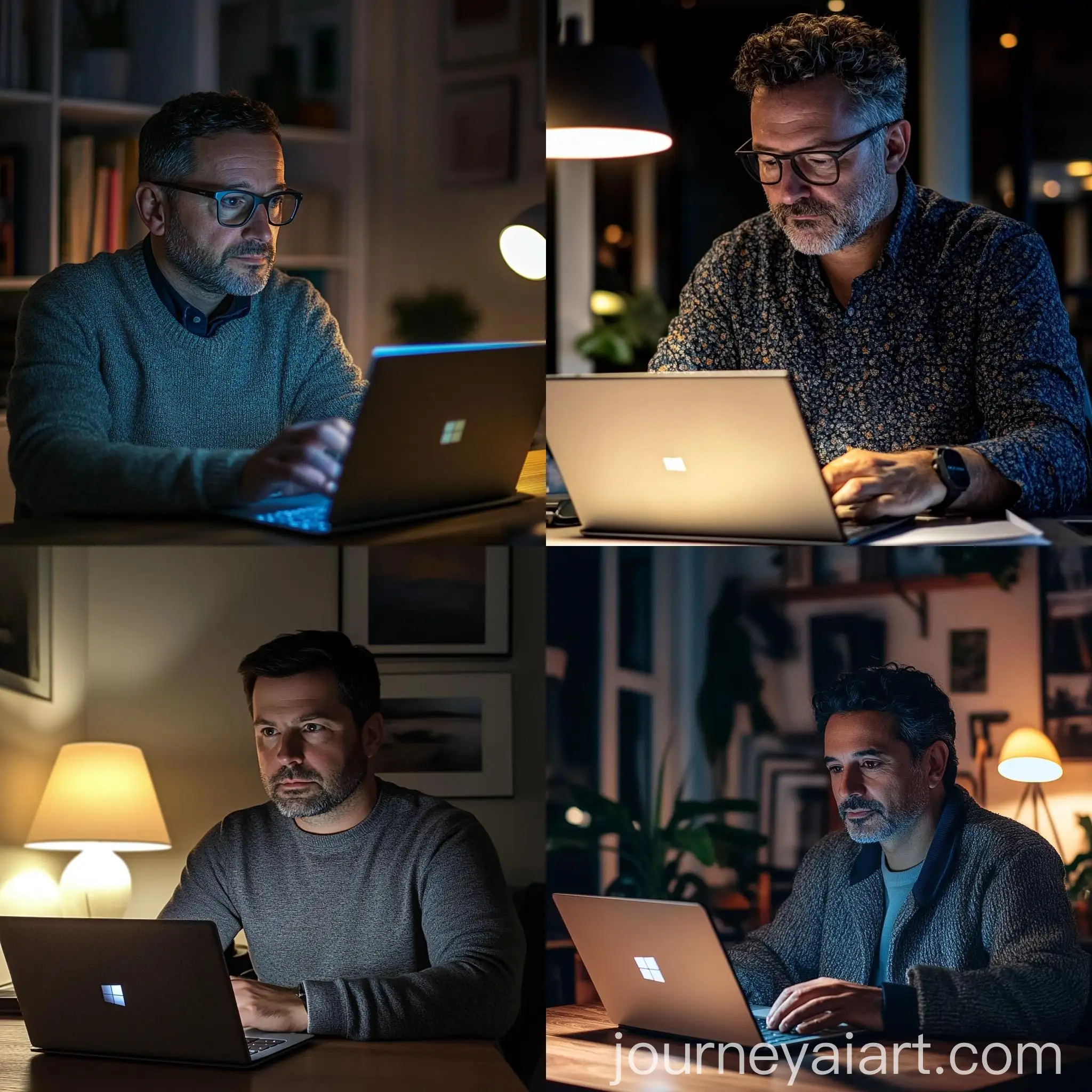 MiddleAged-Man-Working-on-Surface-Laptop-in-Modern-Office-at-Twilight