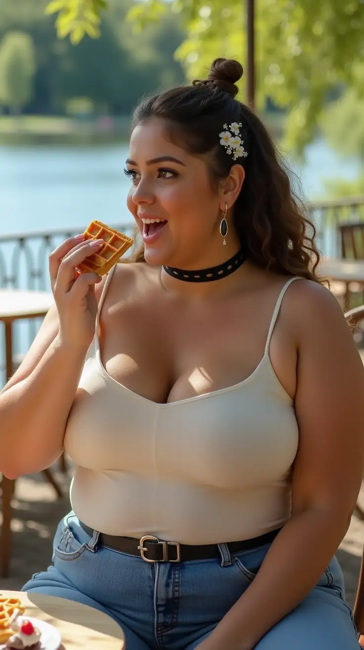 Curvy-Woman-Enjoying-Waffles-with-Ice-Cream-at-City-Park-Restaurant