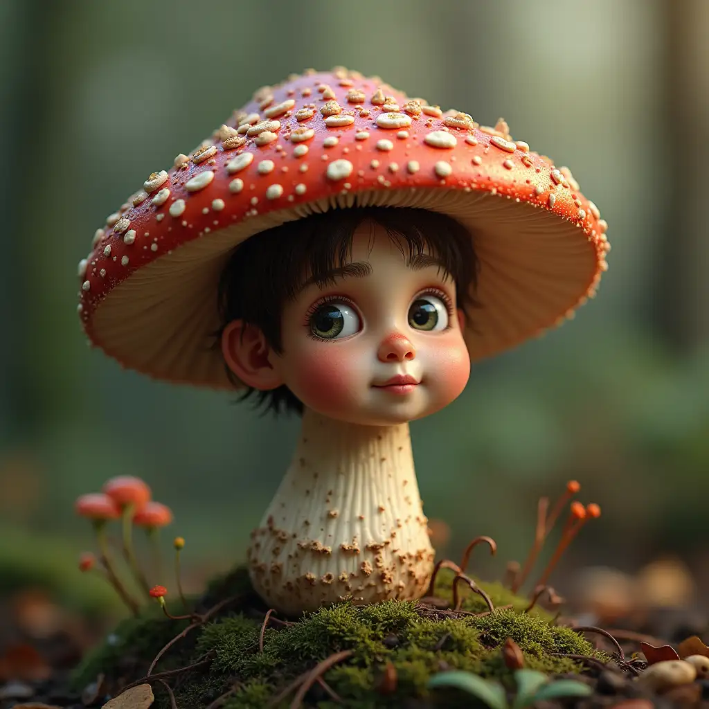 please make me a photo-realistic image of a mushroom that has a human face