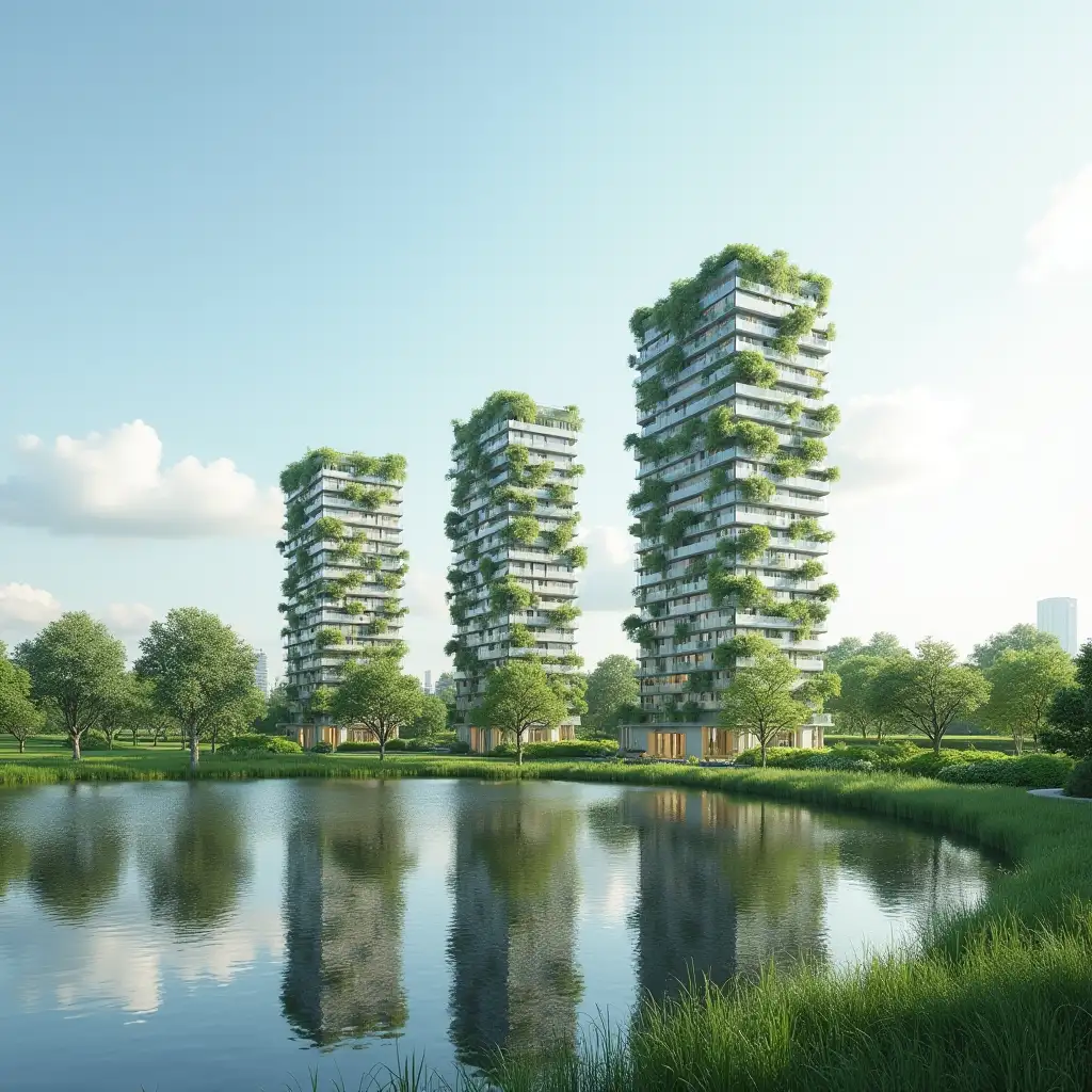 EcoFriendly-Tall-Buildings-by-a-Calm-Lake-in-a-Serene-Rural-Setting