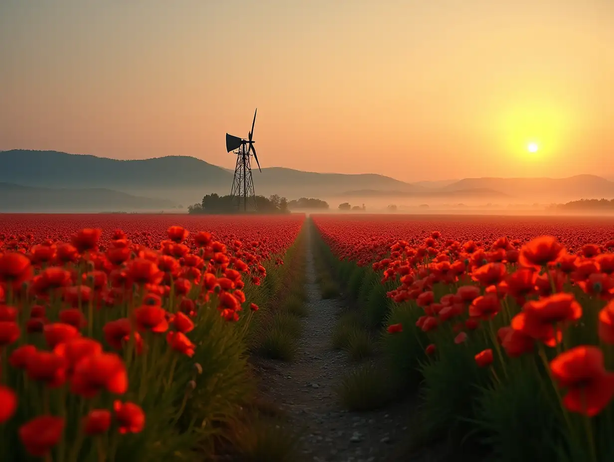 Photo in super-high resolution, high detail, sharpness of a macro lens, field covered in poppies, a slightly overgrown wide road winds from the foreground to the horizon, in the background misty hills, sunset on the sky, an old windmill in the middle ground