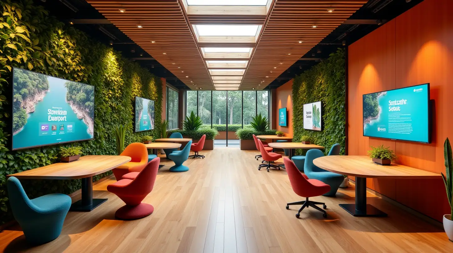 A modern innovation center blending technology with warmth, featuring vertical gardens of lush tropical plants and warm wooden panels. Two large TVs are mounted on opposite walls, displaying collaborative content. The ceiling integrates soft LED lighting with skylight panels framed by wooden latticework. The flooring is polished wood, complemented by unique, functional furniture like modular workstations, sculptural ergonomic chairs, and collaborative pods with soft upholstery. Pops of color, such as vibrant cushions, bold accent walls, and bright decor elements like vases and artwork, add energy and creativity to the space. The design harmoniously combines natural warmth, modern functionality, and colorful vibrancy